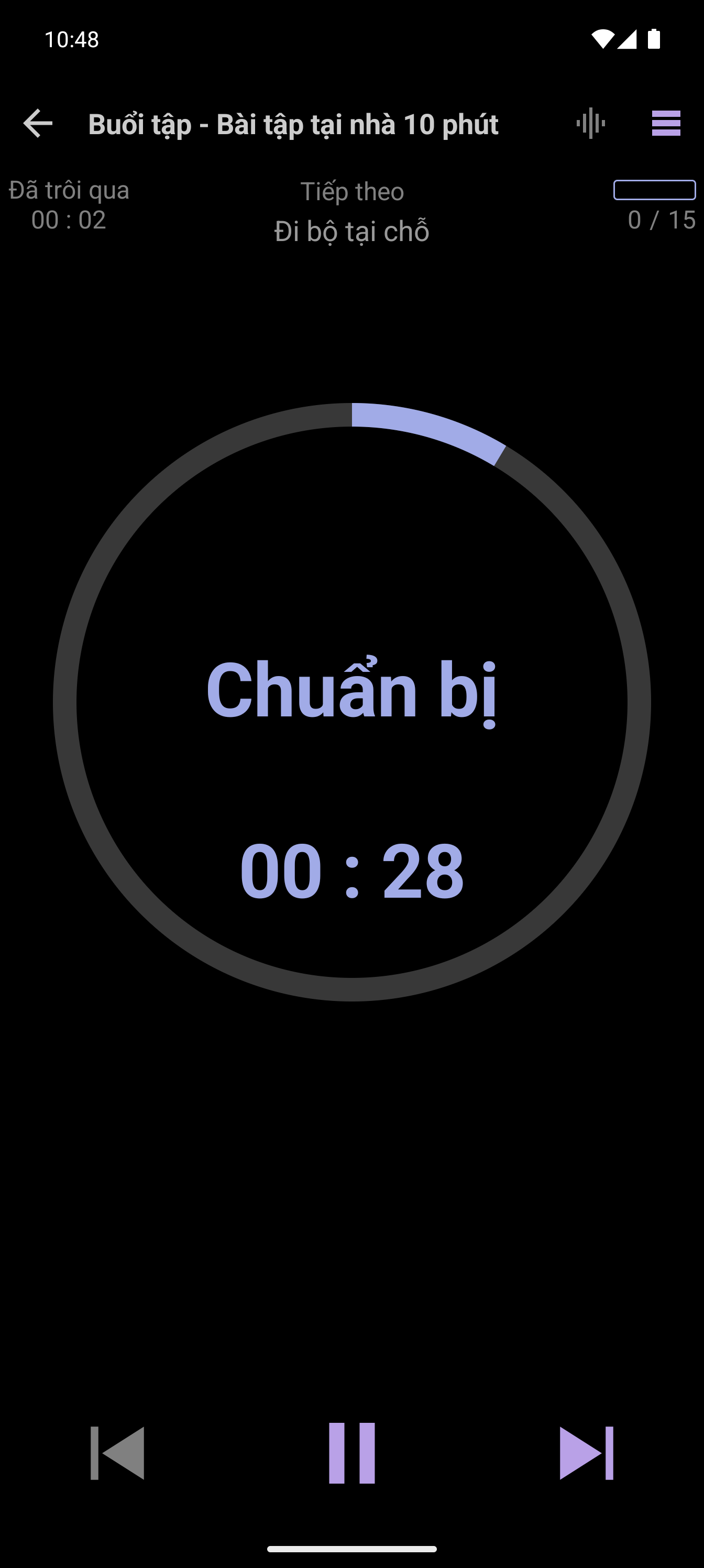 Trình phát đơn giản (Simple Player) của CrazyFit đang chạy bài tập tại nhà kéo dài 10 phút