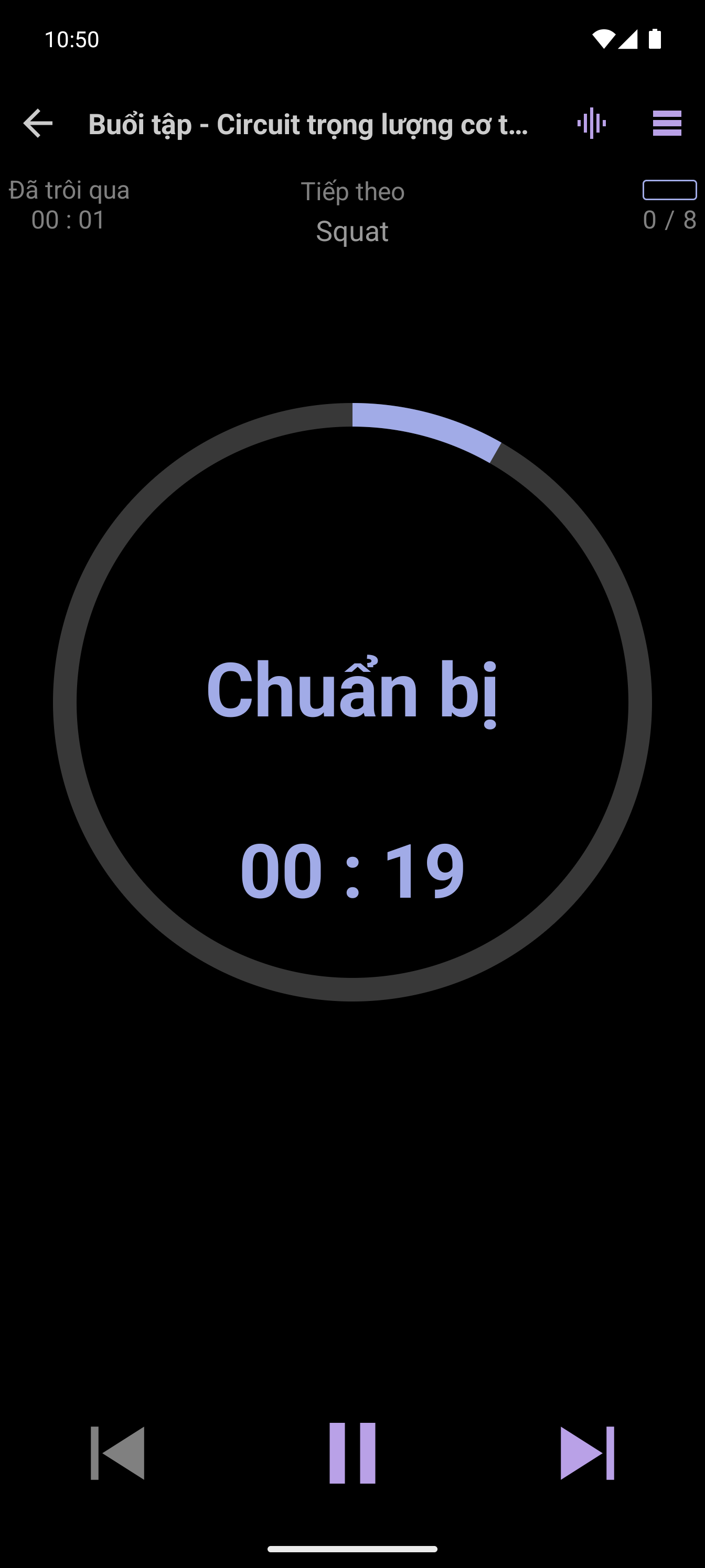Trình phát đơn giản của CrazyFit đang chạy bài tập vòng (circuit) sử dụng trọng lượng cơ thể dành cho người mới bắt đầu