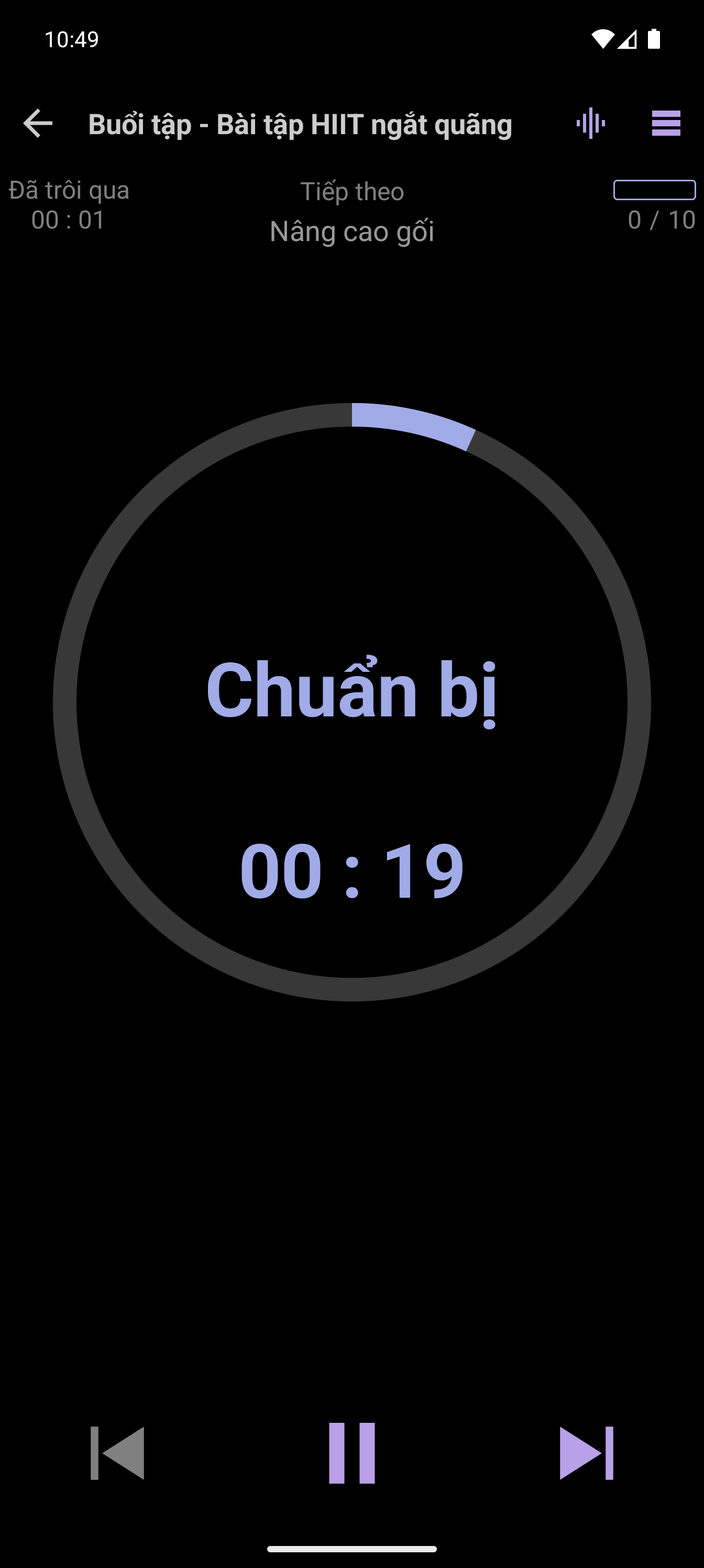 Trình phát CrazyFit hiển thị bài tập ngắt quãng HIIT có tính giờ