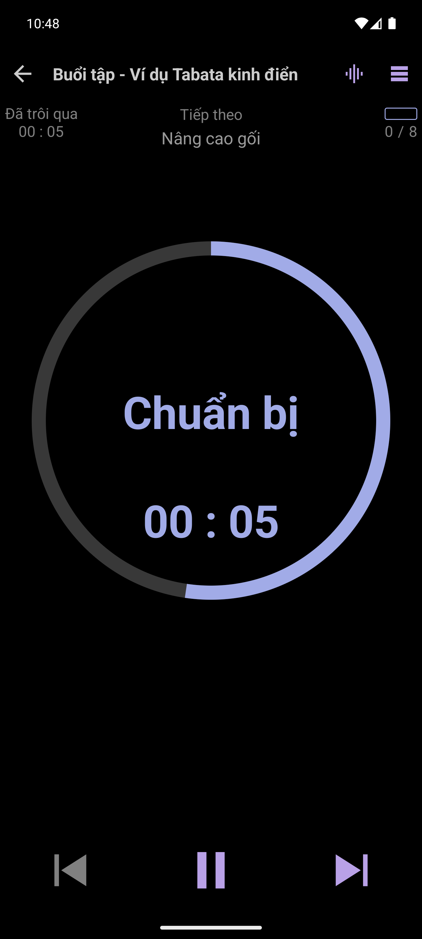 Trình phát CrazyFit đang chạy bài tập ngắt quãng Tabata kinh điển