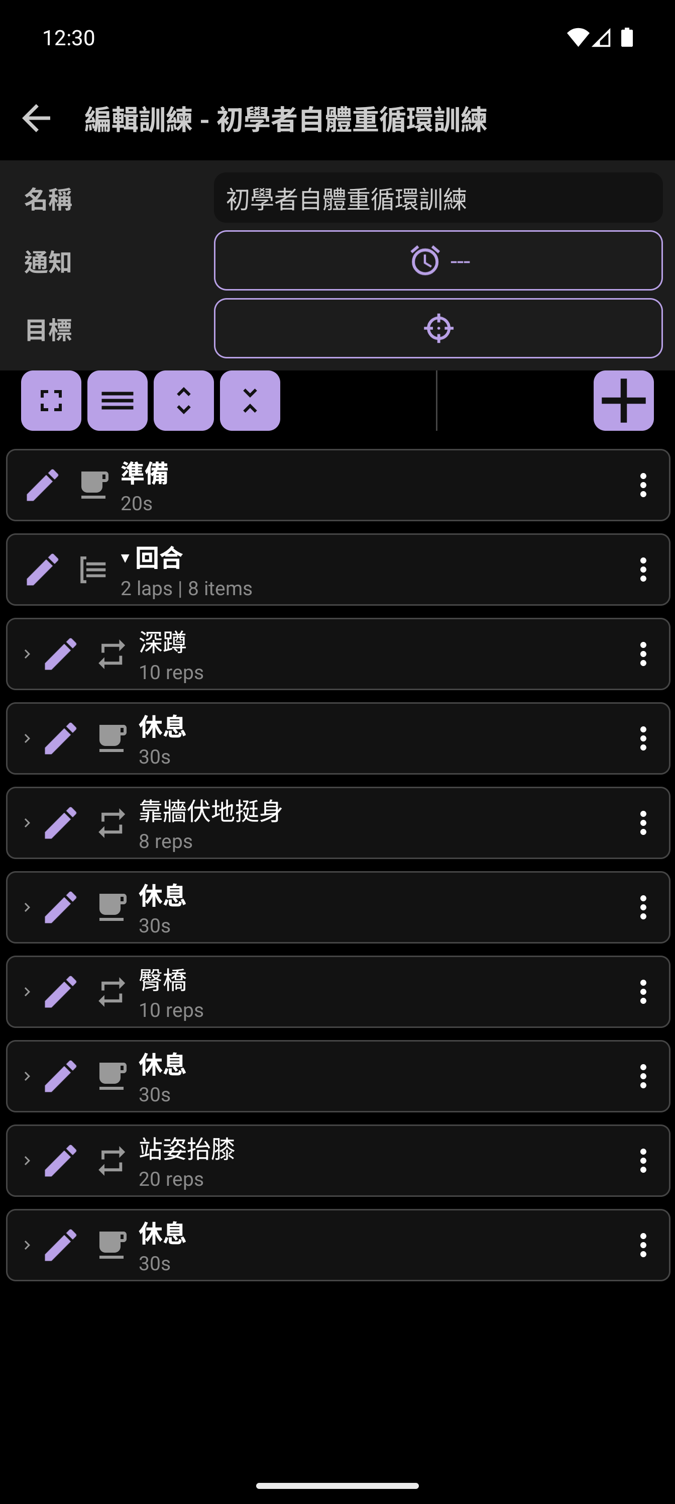 CrazyFit 訓練計畫產生器顯示初級自重循環訓練