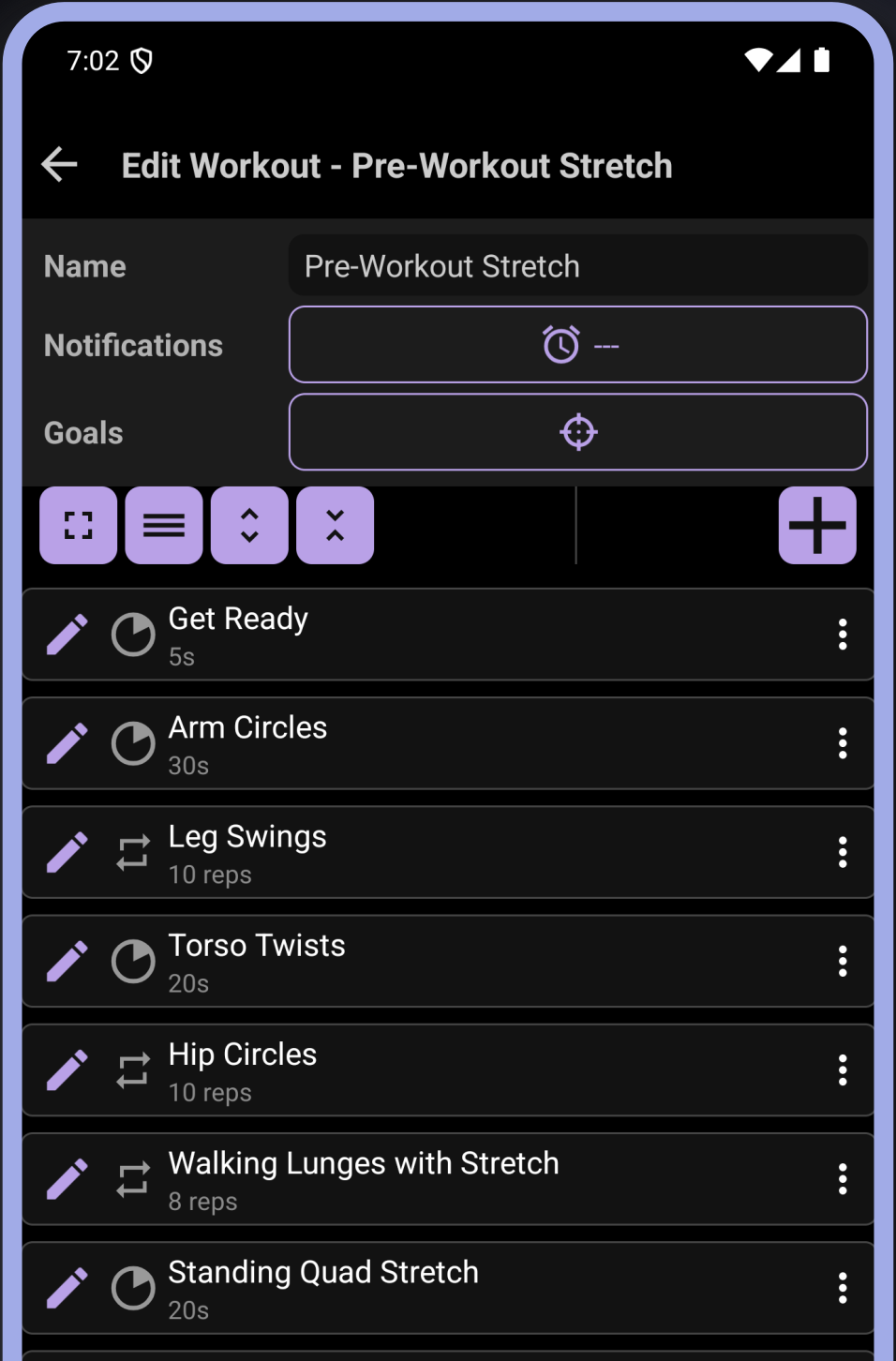 CrazyFit Edit Workout screen with timed and repetition-based exercises