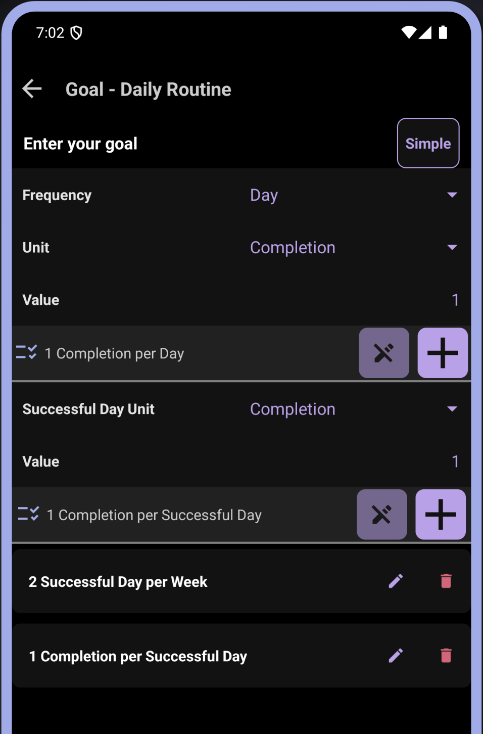 CrazyFit Goal screen showing configurable workout completion goals