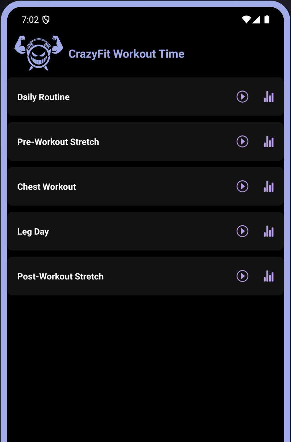CrazyFit Workout Time home screen showing a list of reusable workouts